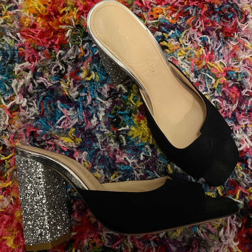 Camilla Elphick Serena Mules Black Suede Silver Sparkle - Size 38